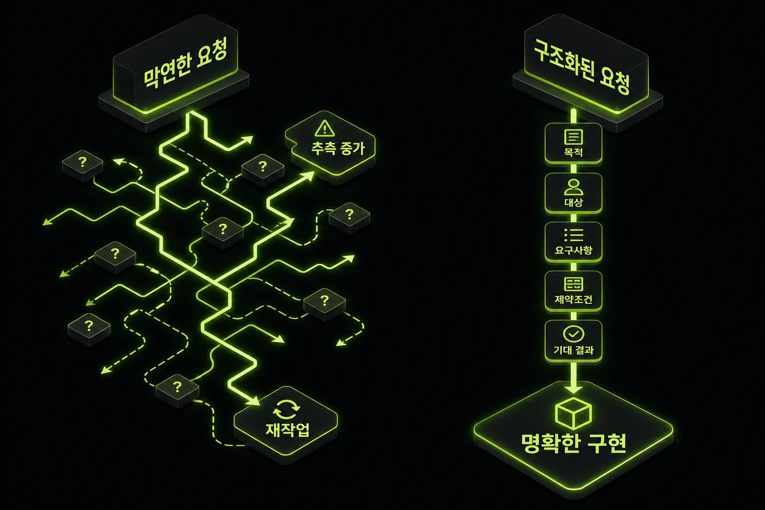 막연한 요청과 구조화된 요청이 다른 구현 결과로 이어지는 비교 도식