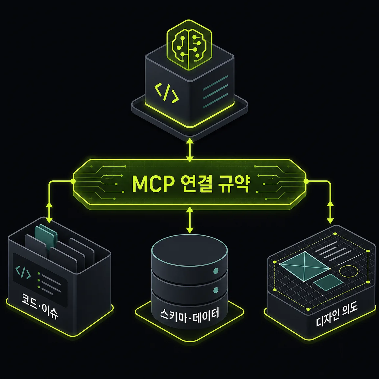 MCP를 중심으로 GitHub, 데이터베이스, 디자인 도구가 연결되는 개념도