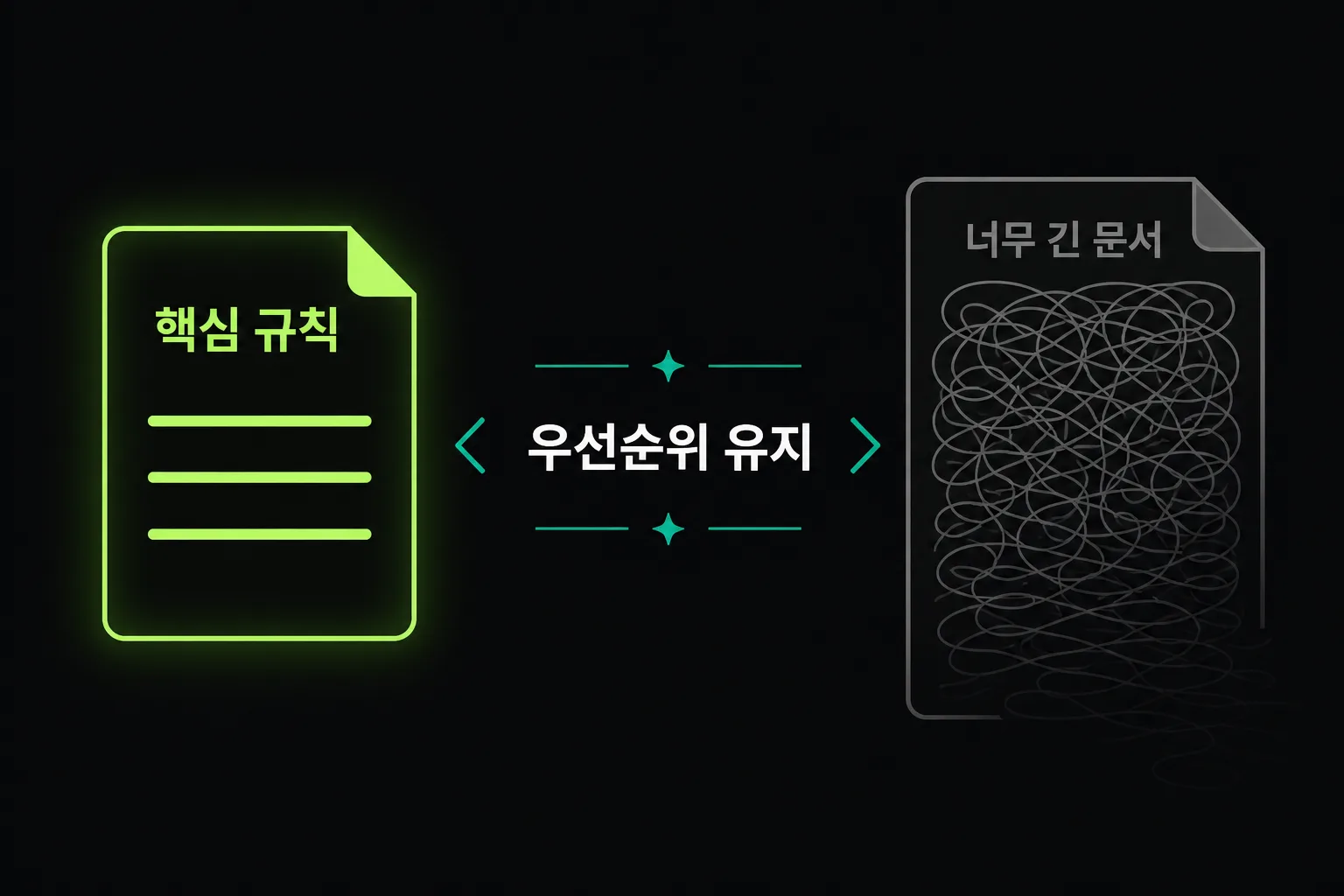 짧고 명확한 규칙 파일과 너무 긴 문서의 비교 도식