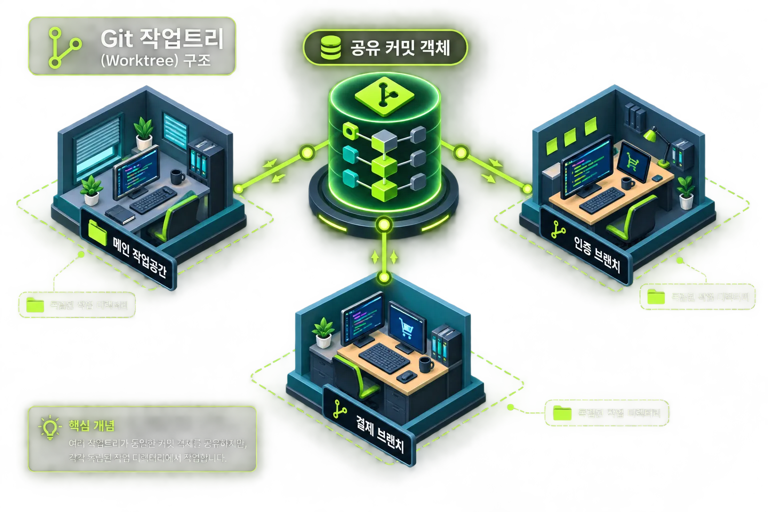 하나의 저장소에서 여러 작업 디렉터리와 브랜치가 분리되는 worktree 구조도