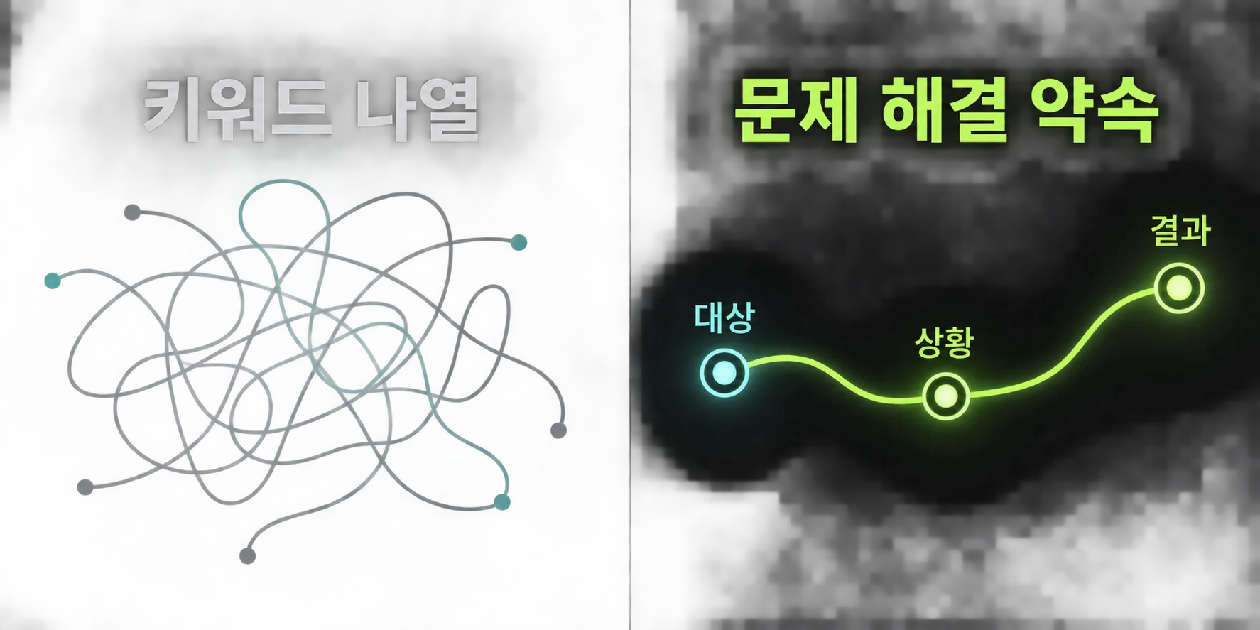 키워드 나열에서 대상·상황·결과가 담긴 문제 해결 약속으로 바꾸는 제목 개선 비교