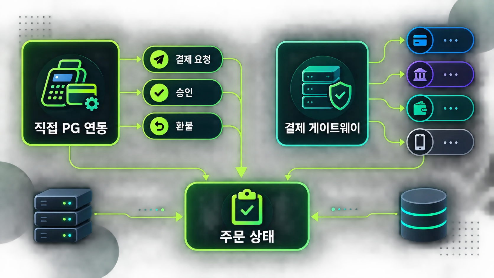 직접 PG 연동과 결제 게이트웨이의 구조를 비교한 다이어그램