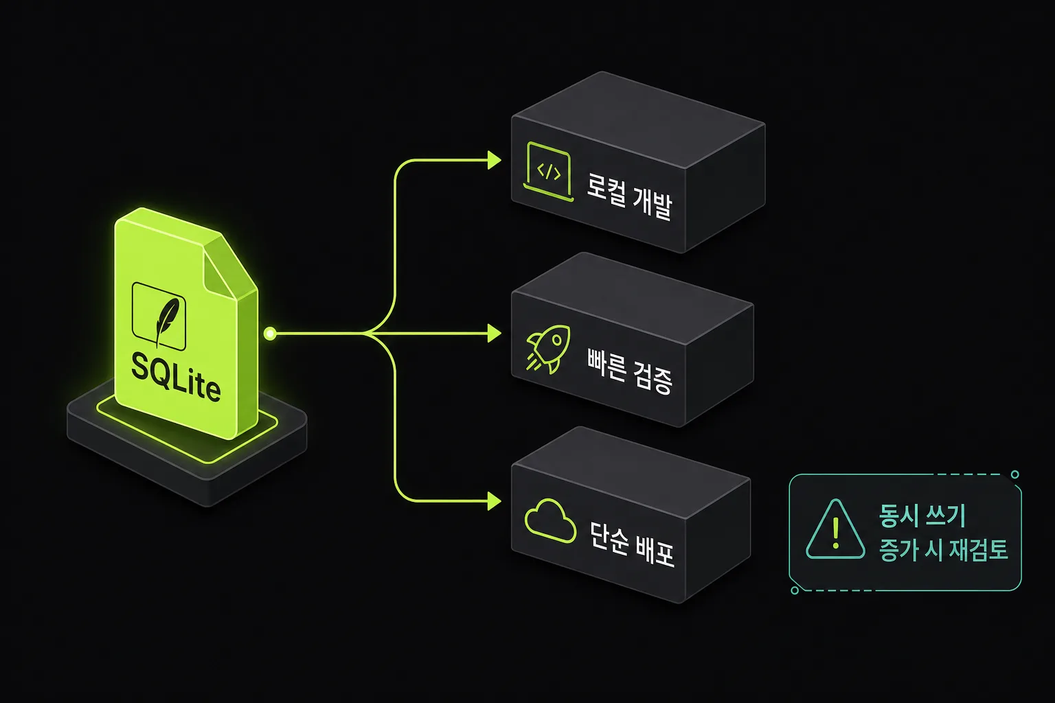 SQLite가 프로토타입 단계에서 로컬 개발, 빠른 검증, 단순 배포에 적합하다는 도식
