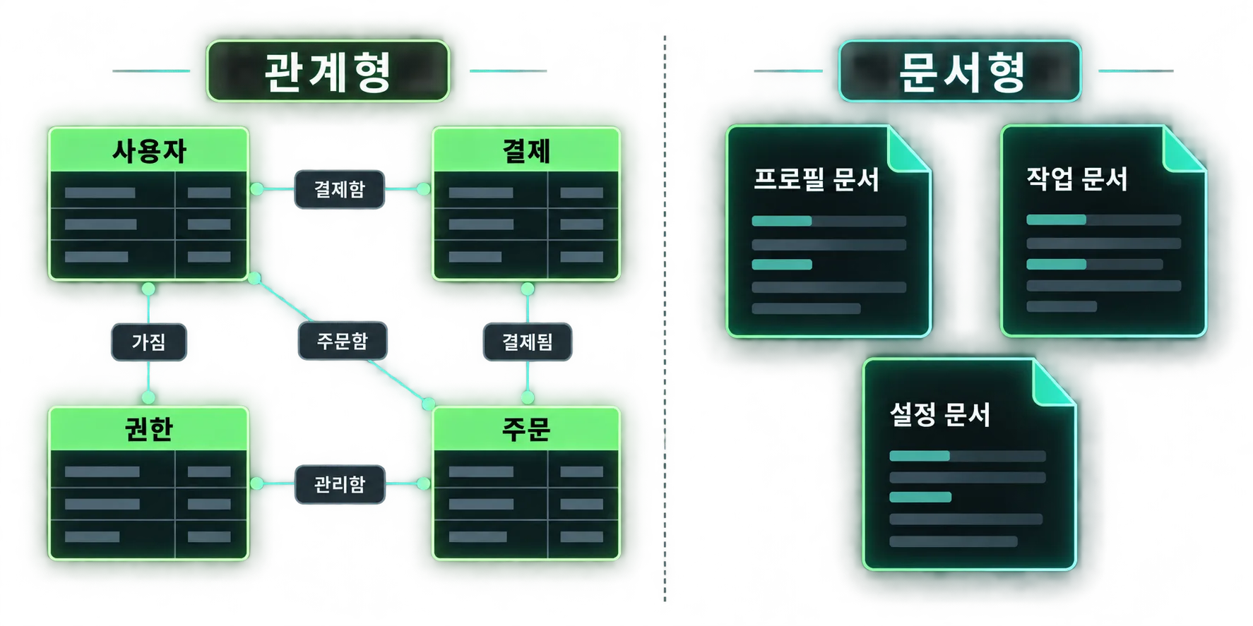 관계형 데이터베이스와 문서형 데이터베이스의 구조 비교 도식