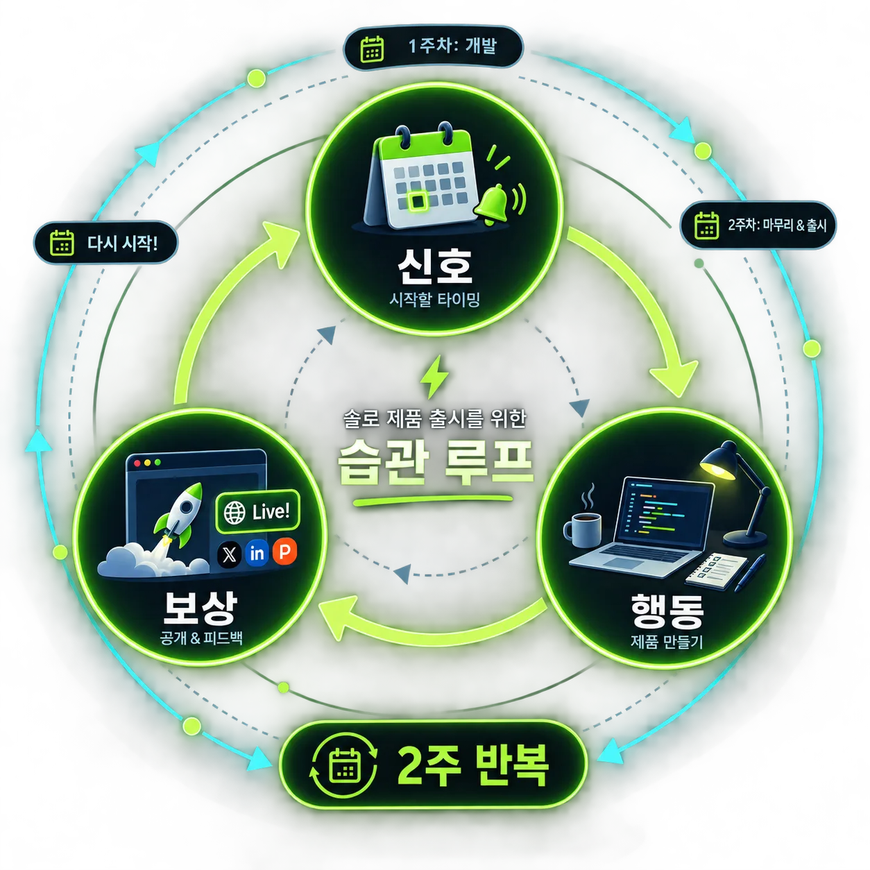 신호·행동·보상으로 구성한 2주 출시 습관 순환 도식